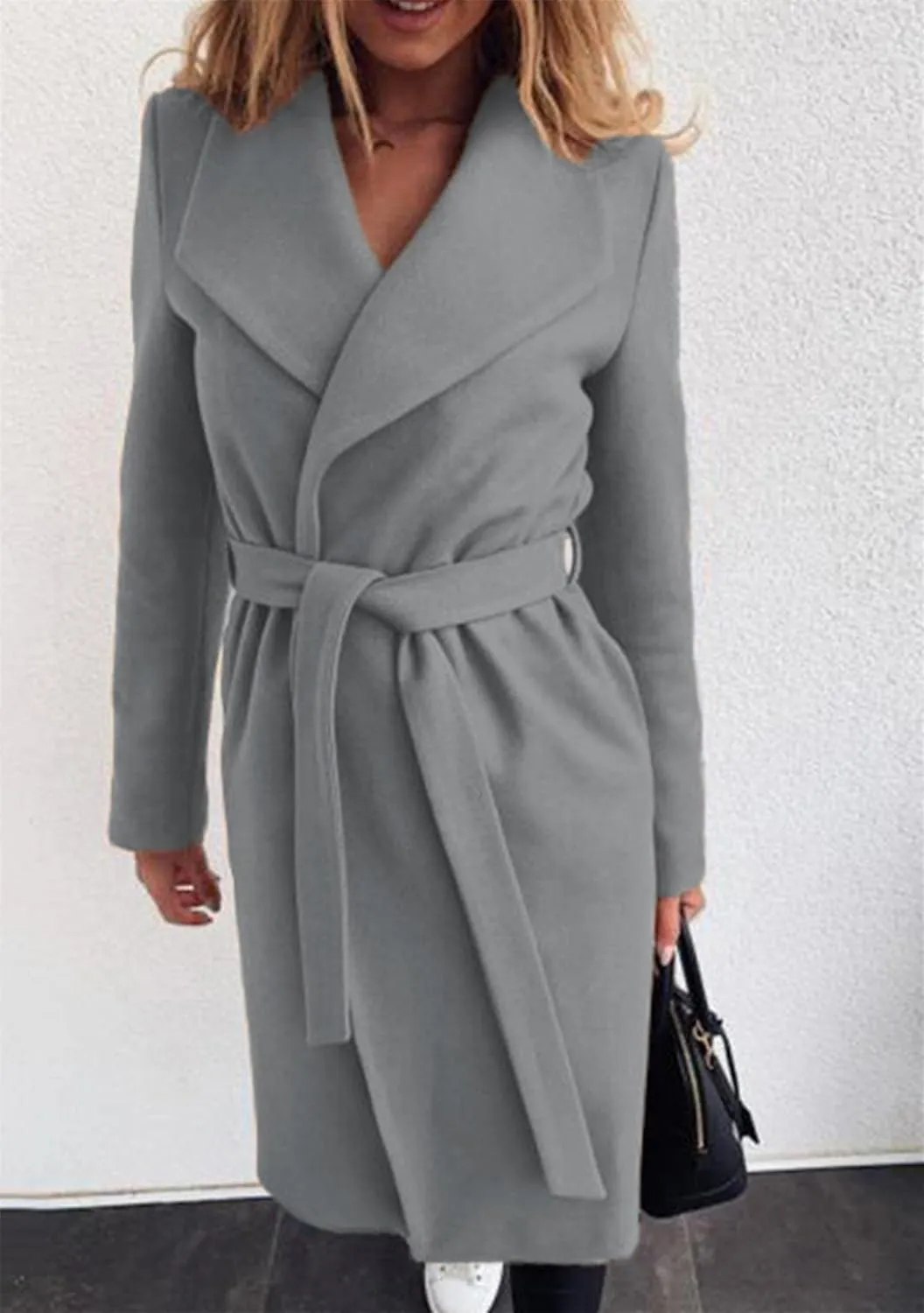 GORIFE Women's Winter Comfy Pea Coat Mid-Long Wrap Long Sleeve Overcoat Lapel Trench Coat with Belts