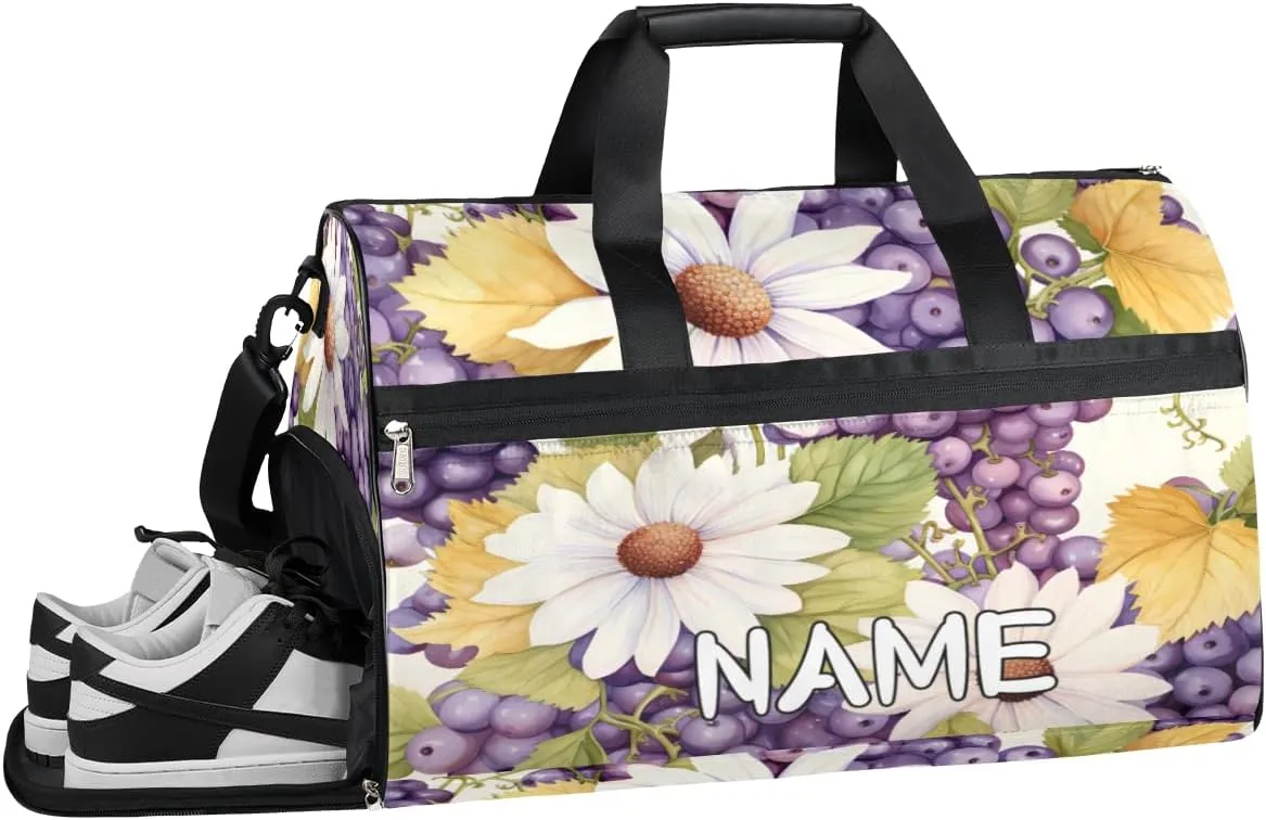 Grape Daisy Flowers Sports Gym Bag with Wet Pocket & Shoes Compartment Travel Duffel Bag for Women Men Custom Sports Gym Bag Personalized Overnight Stay Weekend Tote Beach Luggage
