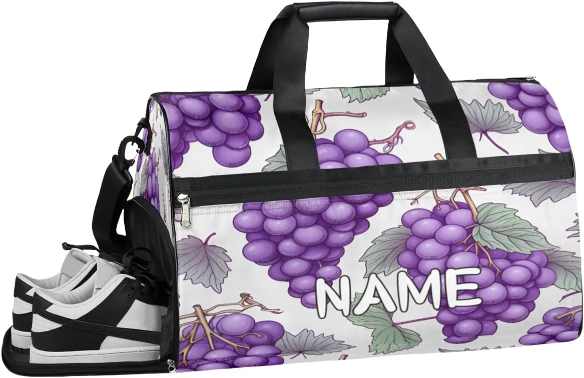 Grape Fruit Printing Sports Gym Bag with Wet Pocket & Shoes Compartment Travel Duffel Bag for Women Men Custom Sports Gym Bag Personalized Overnight Stay Weekend Tote Beach Luggage