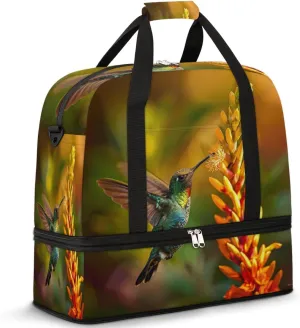 Green Hummingbird Floral Travel Duffel Bag for Women Men, Spring Bird Flower Sports Gym Bag with Shoes Compartment Foldable Overnight Bag Weekender Tote Workout Carry On Luggage Bag