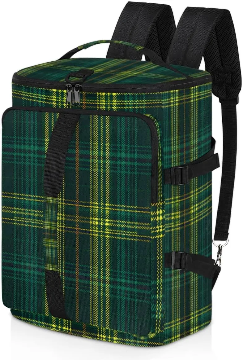 Green Plaid Travel Backpack Carry On Flight Approved for Men Women, Lightweight Large Luggage Weekender Casual Daypack Backpacks for Traveling Airplane