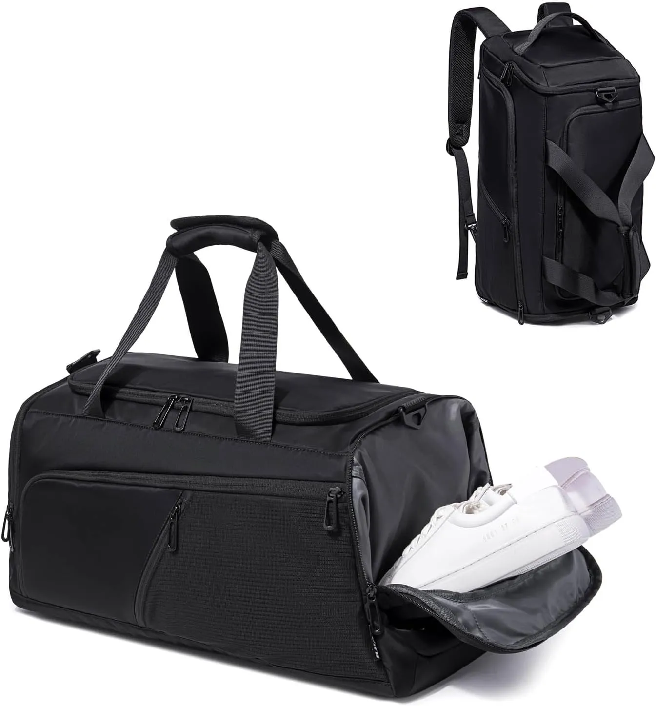 Gym bag for Men, 40L Travel Duffel Bag for Weekender Overnight with Shoes Compartment, 3 Way Heavy Duty Duffel Bag Backpack for Travel and Camping, Black, Travel Backpacks