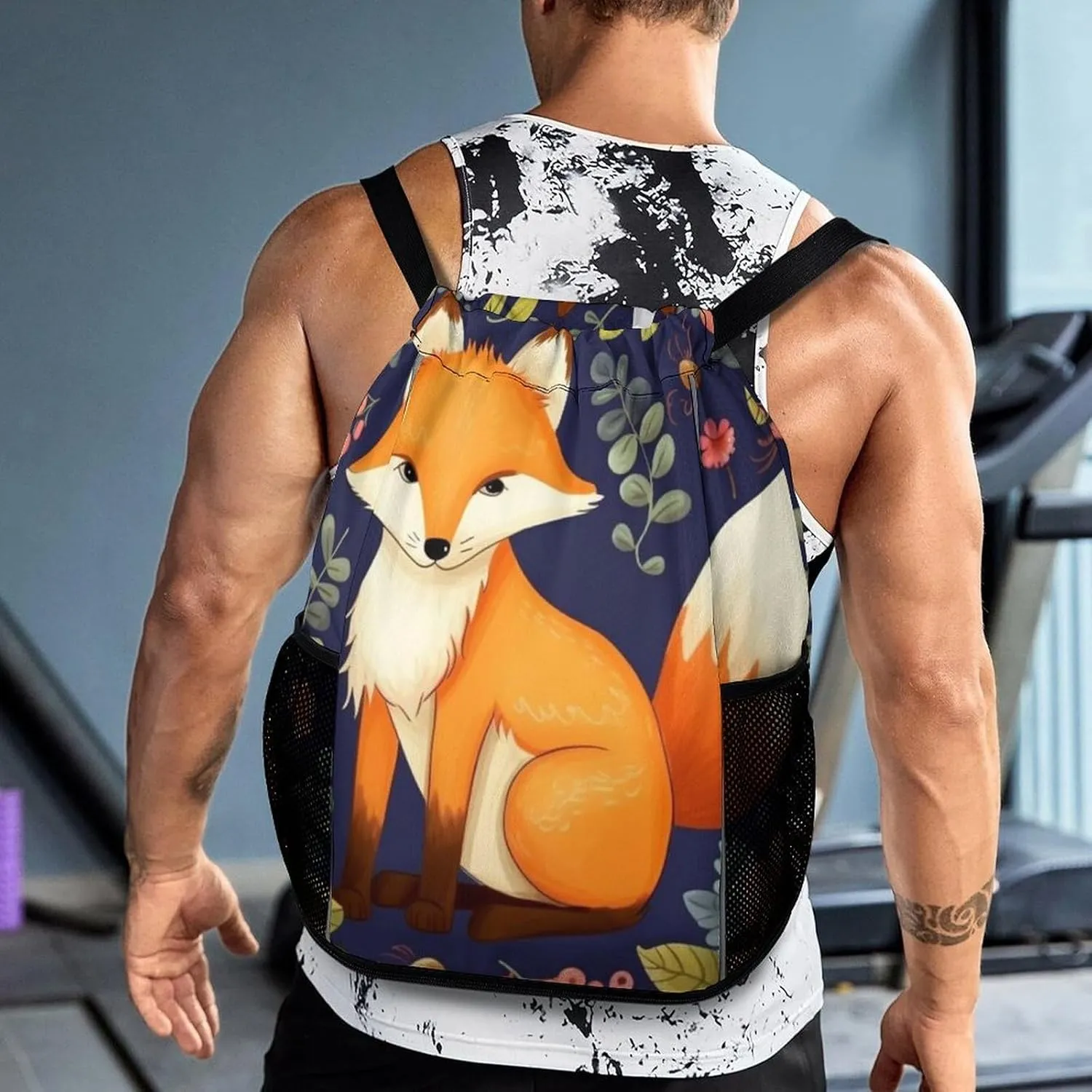 Gym Bag for Women Men Cute Animal Fox FlowerTravel Duffel Bag Large Capacity Sports Drawstring Backpack