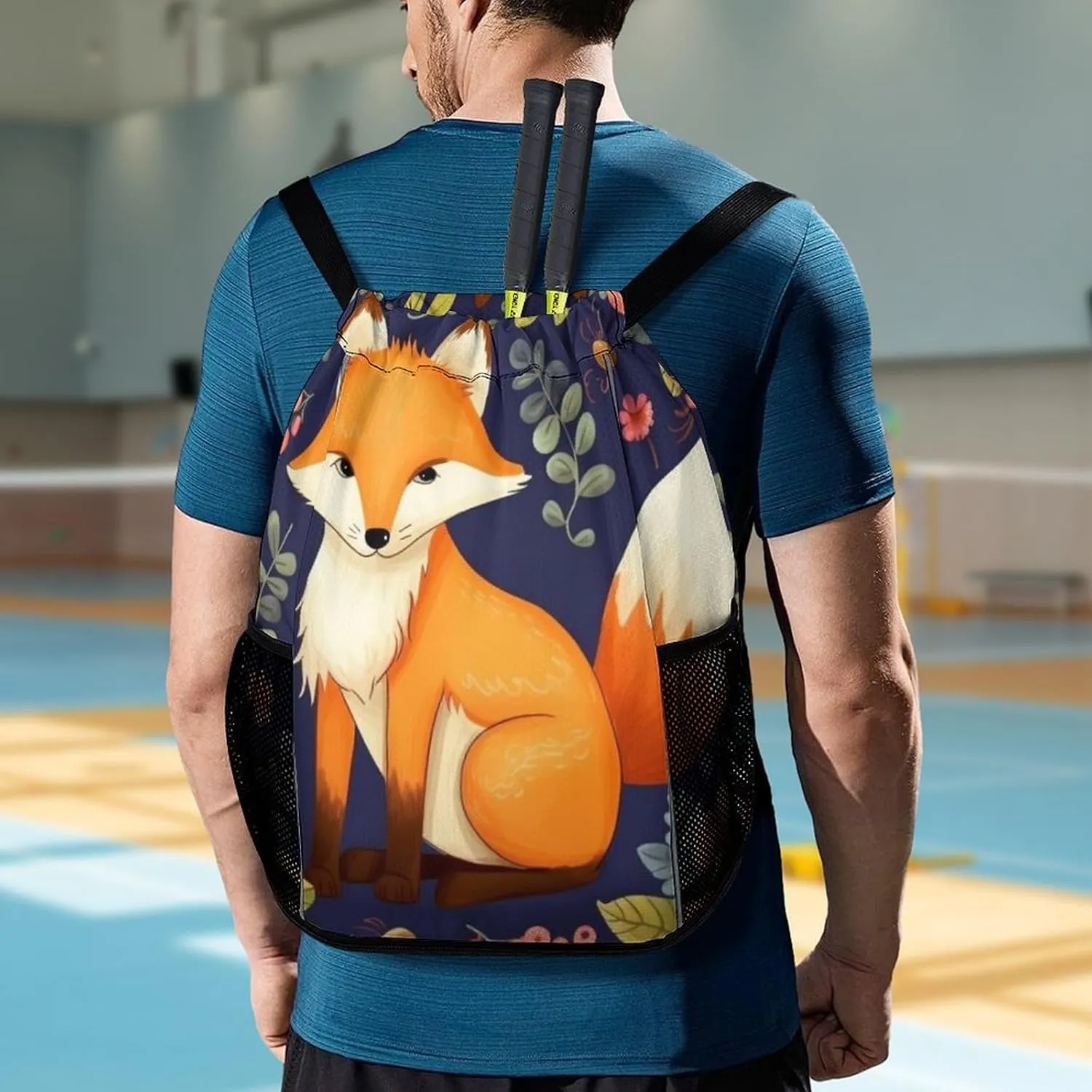 Gym Bag for Women Men Cute Animal Fox FlowerTravel Duffel Bag Large Capacity Sports Drawstring Backpack