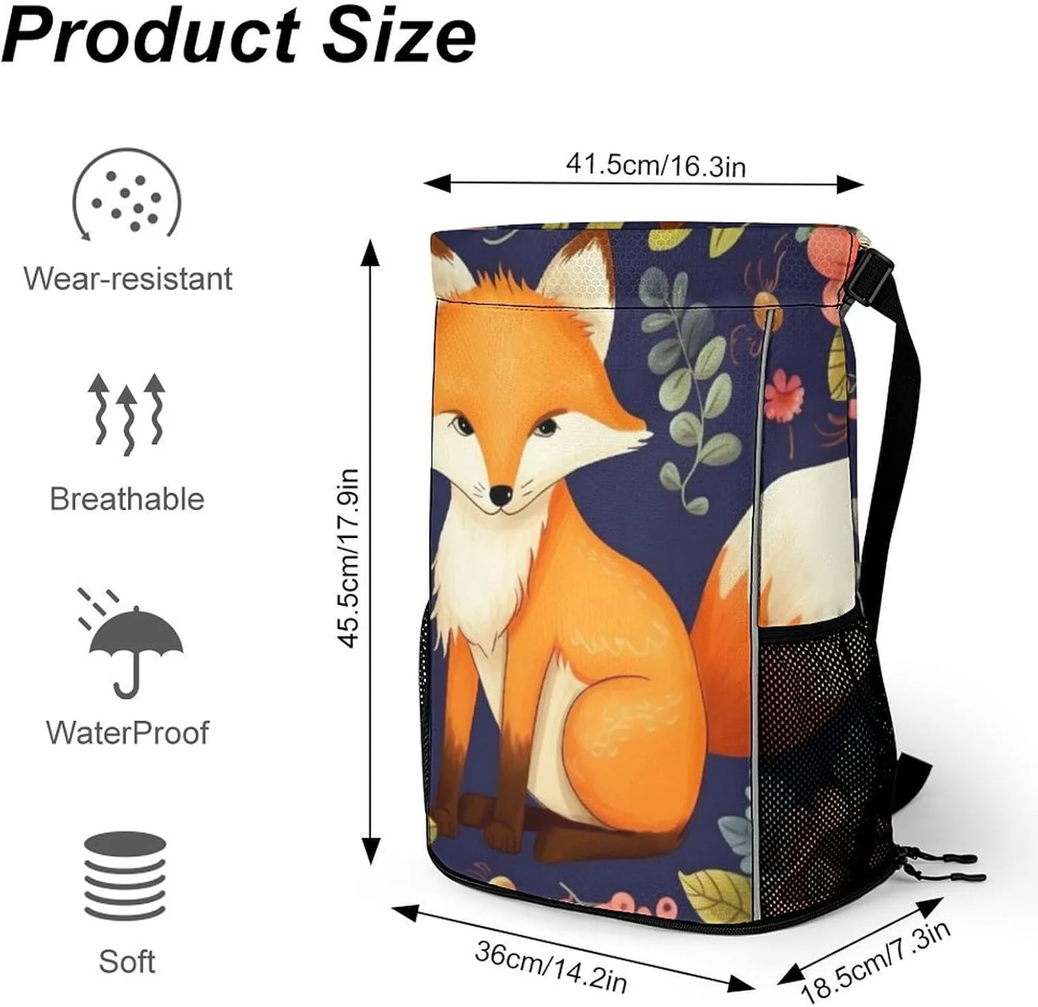 Gym Bag for Women Men Cute Animal Fox FlowerTravel Duffel Bag Large Capacity Sports Drawstring Backpack