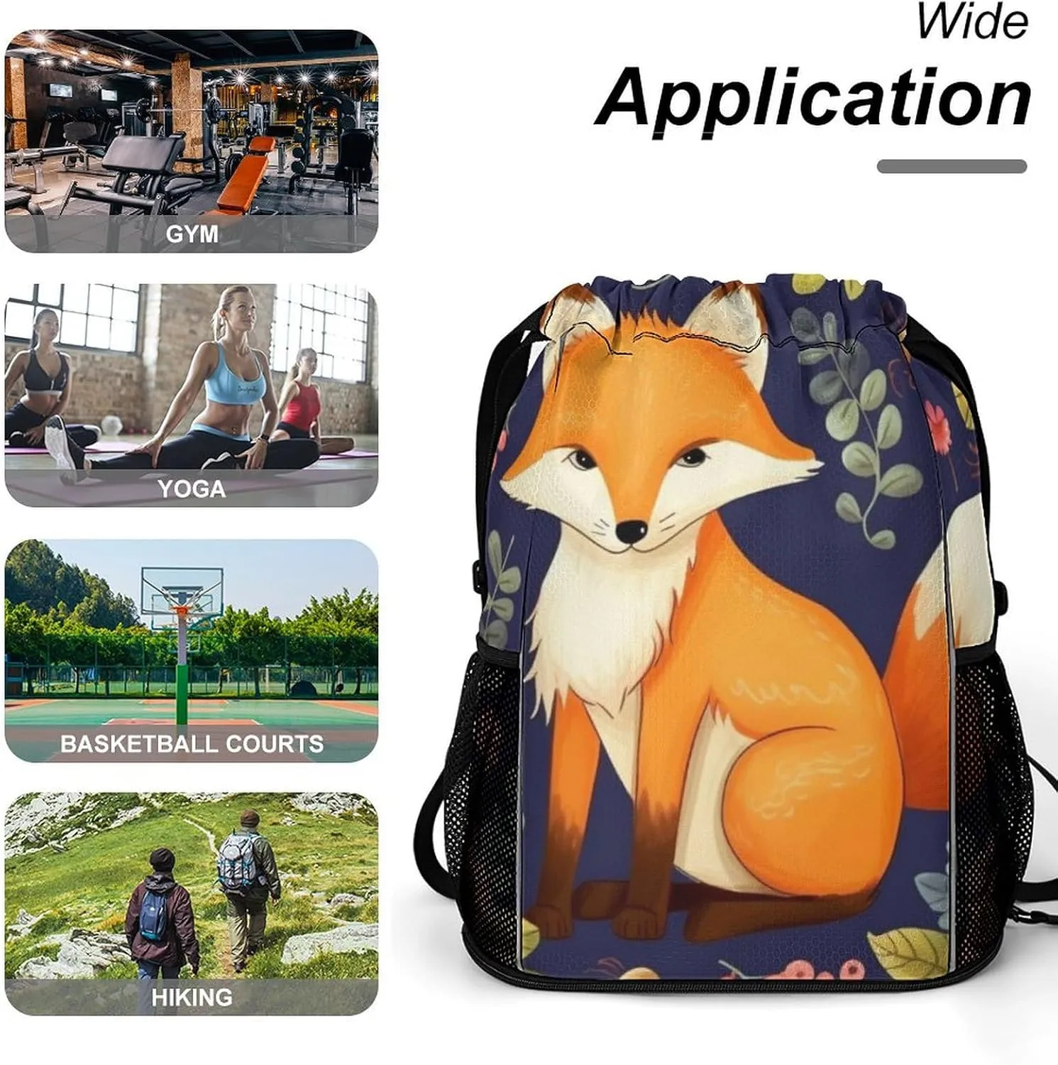 Gym Bag for Women Men Cute Animal Fox FlowerTravel Duffel Bag Large Capacity Sports Drawstring Backpack