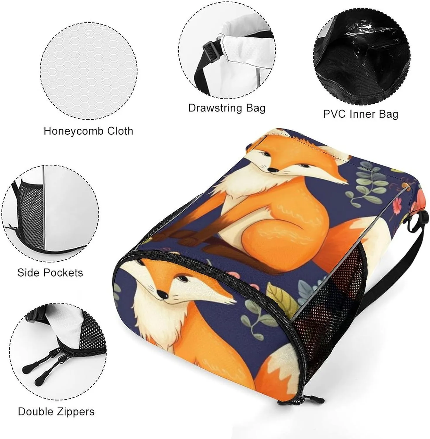 Gym Bag for Women Men Cute Animal Fox FlowerTravel Duffel Bag Large Capacity Sports Drawstring Backpack
