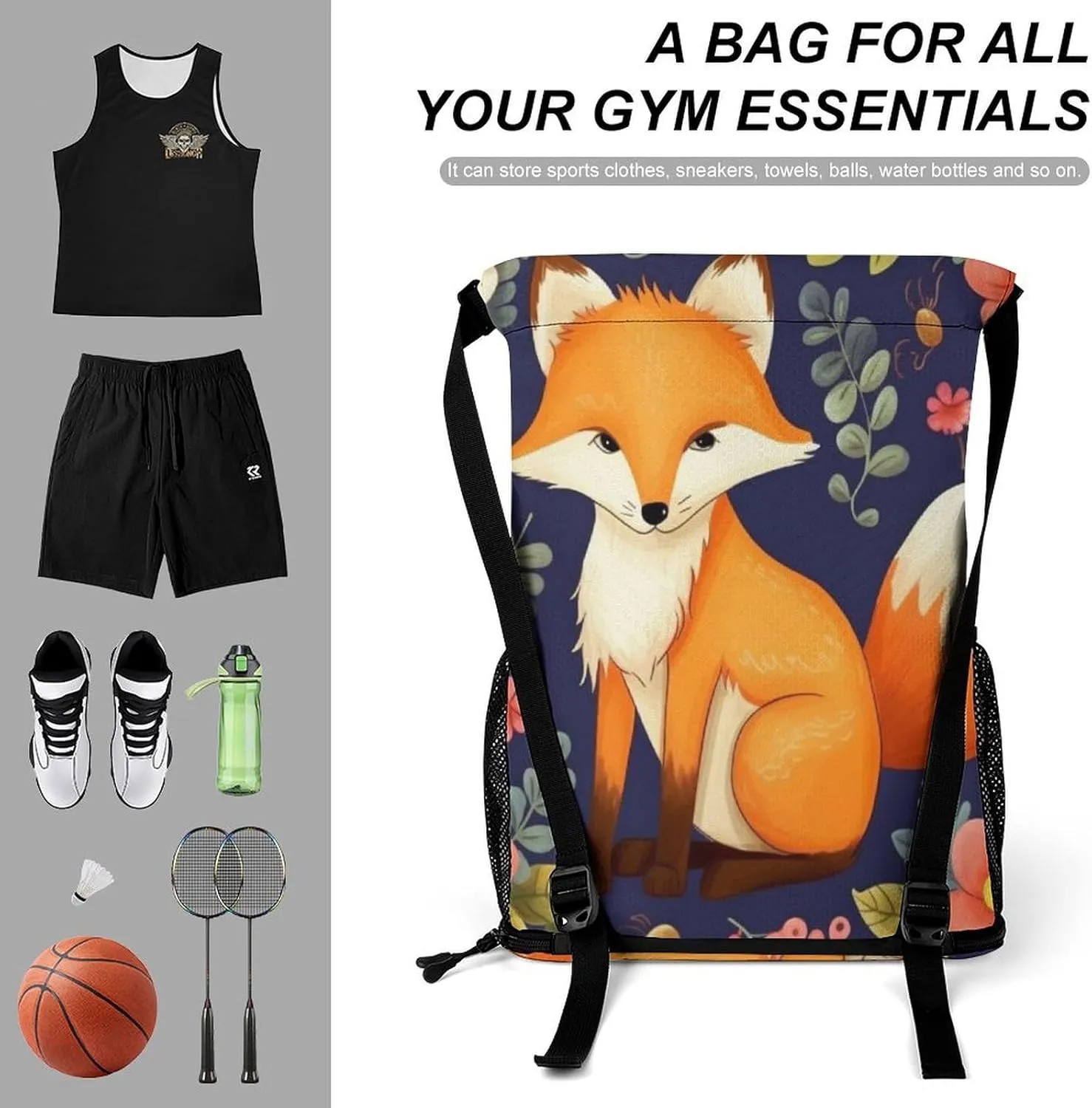 Gym Bag for Women Men Cute Animal Fox FlowerTravel Duffel Bag Large Capacity Sports Drawstring Backpack