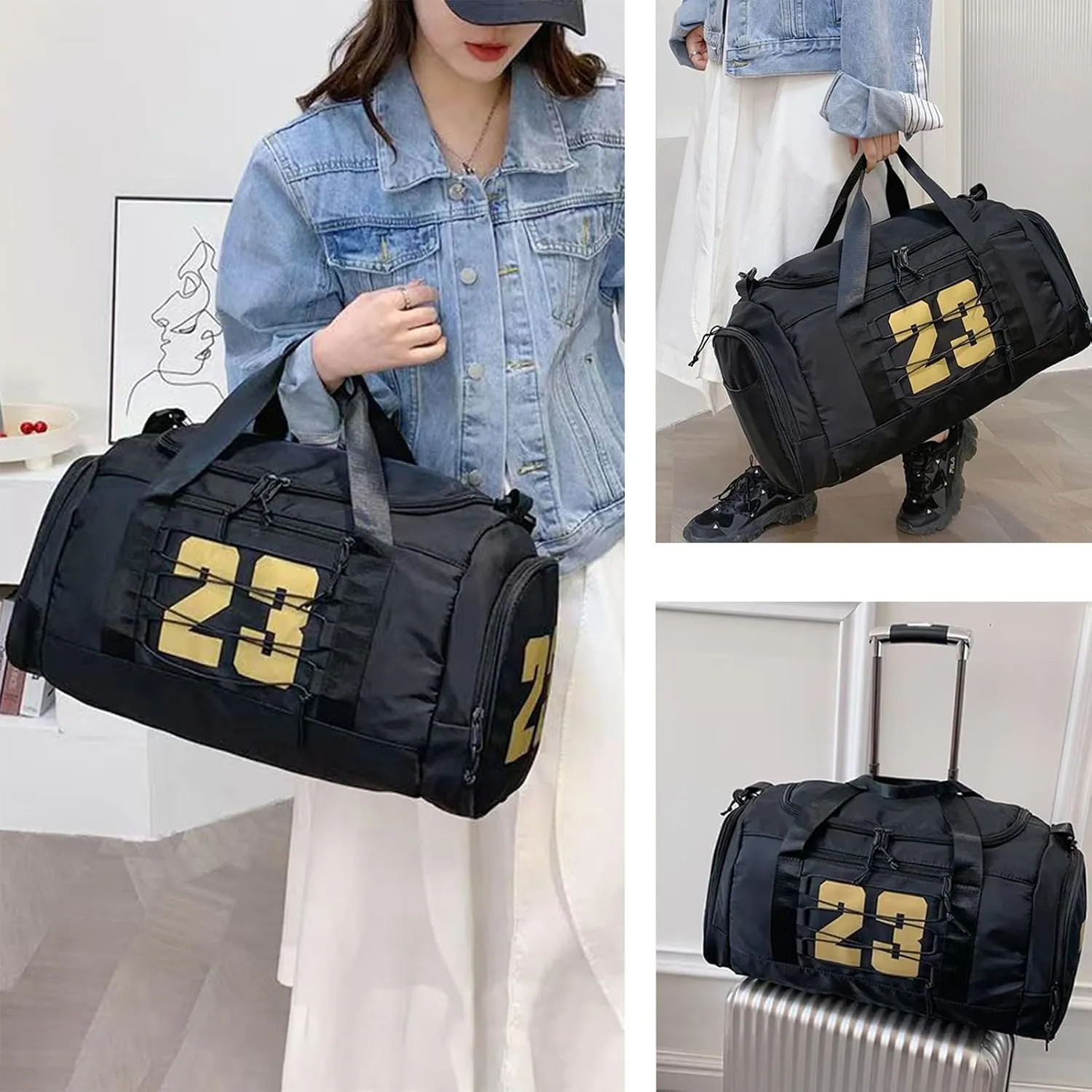 Gym Bag for Women, Personal Item Travel Bag with Shoes Compartment, Weekender Overnight Duffel Bag with Wet Pocket, Carry On Bag for Women, Travel, Gym, Weekend (Black)