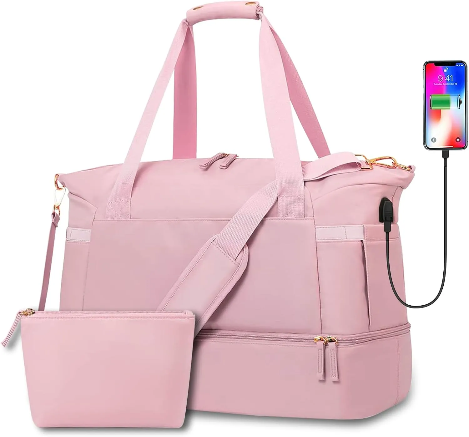 Gym Bag for Women, Weekender Overnight Bag with USB Charging Port, Sports Travel Duffel Bag with Wet Pocket and Shoes Compartment for Women Travel, Gym, Yoga (pink)