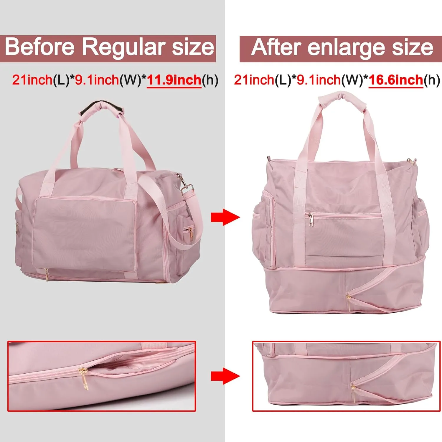 Gym Bag for Women with Shoe Compartment, Travel Duffel Bag for Women, with Hide and increase capacity Pocket, Gym Tote Bags Weekend, Pink