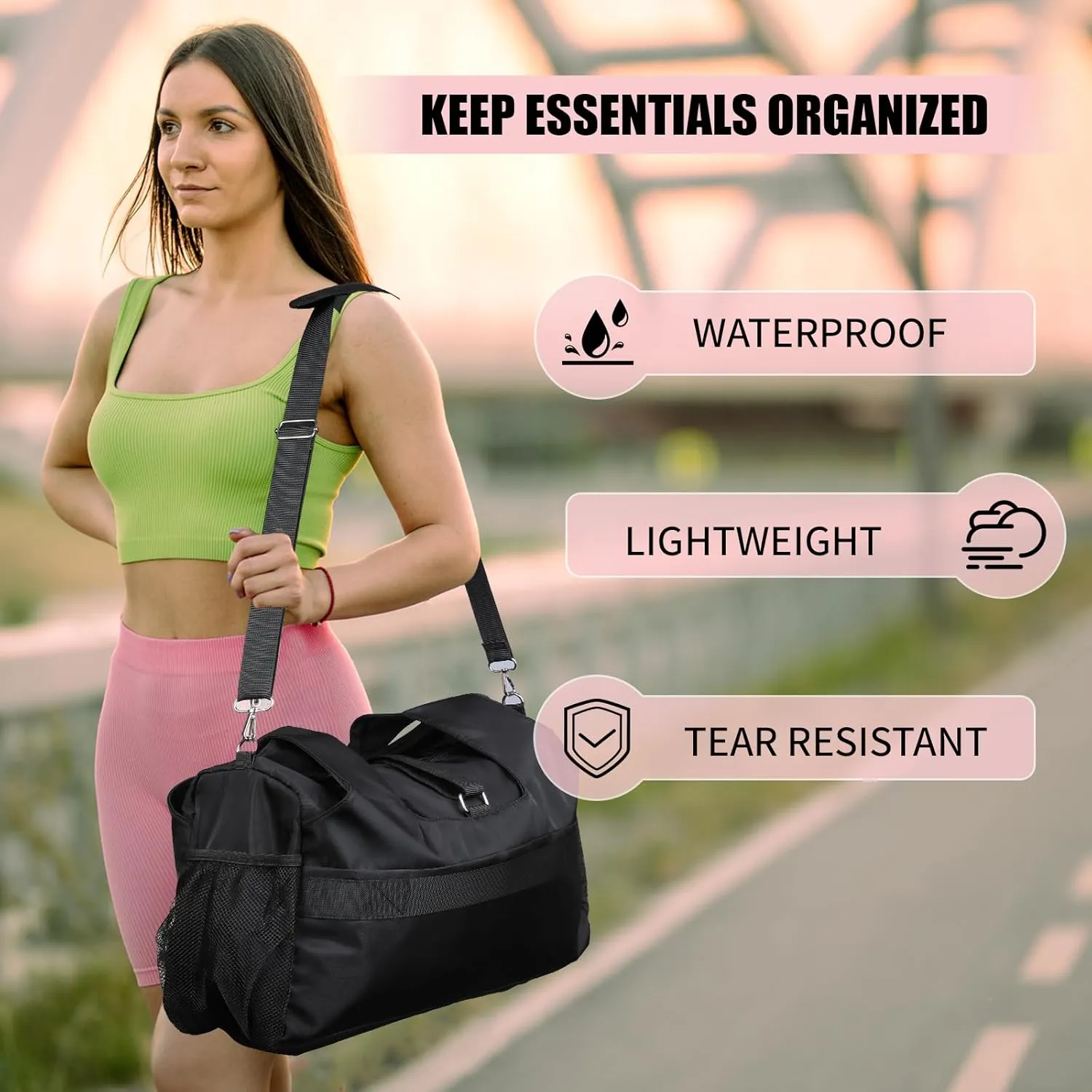 Gym Bag for Womens,Travel Duffel Bag with Shoes Compartment and Wet Pocket Water Bottle Carrier Bag Multi-Functional Bags Ideal for Travel, Gym, Sports, Weekender, Black