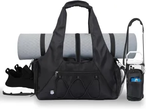 Gym Bag for Womens,Travel Duffel Bag with Shoes Compartment and Wet Pocket Water Bottle Carrier Bag Multi-Functional Bags Ideal for Travel, Gym, Sports, Weekender, Black