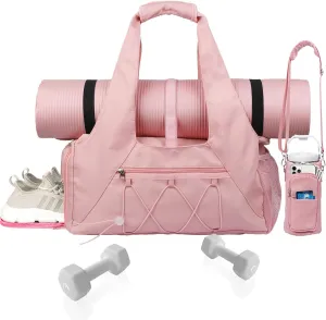 Gym Bag for Womens,Travel Duffel Bag with Shoes Compartment and Wet Pocket Water Bottle Carrier Bag Multi-Functional Bags Ideal for Travel, Gym, Sports, Weekender, Pink