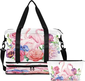 Gym Bag Sports Travel Duffel Bag Weekender Overnight Bag with Wet Pocket Shoes Compartment and Toiletry Bag Bird Pink Flamingos and Rose Flowers for Travel, Business,Gym, Yoga