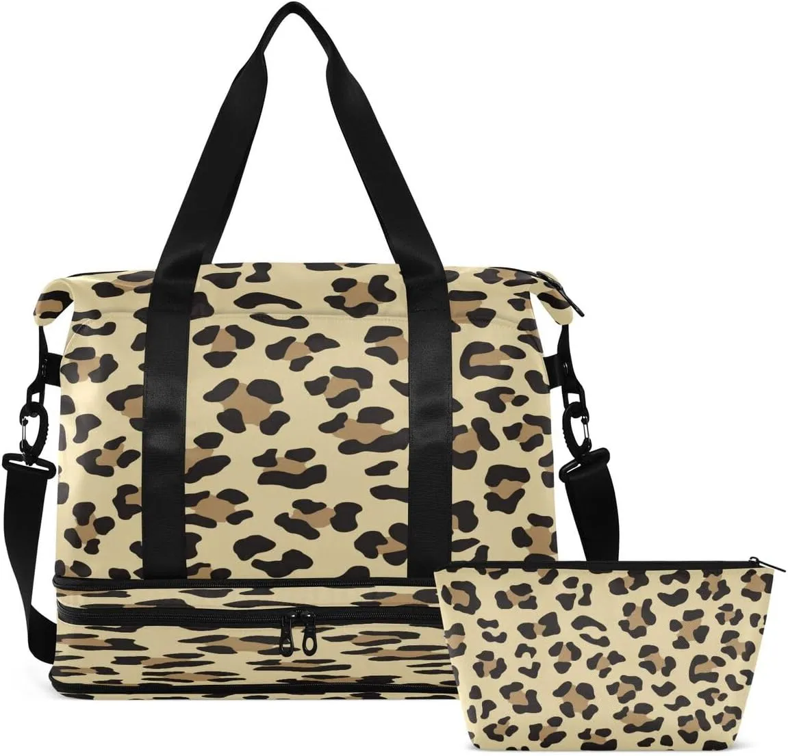 Gym Bag Sports Travel Duffel Bag Weekender Overnight Bag with Wet Pocket Shoes Compartment and Toiletry Bag Leopard Pattern on A Yellow for Travel, Business,Gym, Yoga