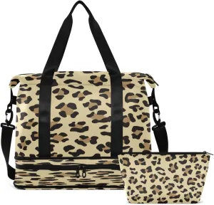 Gym Bag Sports Travel Duffel Bag Weekender Overnight Bag with Wet Pocket Shoes Compartment and Toiletry Bag Leopard Pattern on A Yellow for Travel, Business,Gym, Yoga