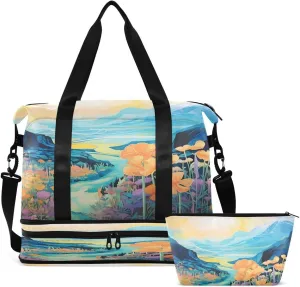 Gym Bag Sports Travel Duffel Bag Weekender Overnight Bag with Wet Pocket Shoes Compartment and Toiletry Bag Painting Mountain River and Flower for Travel, Business,Gym, Yoga