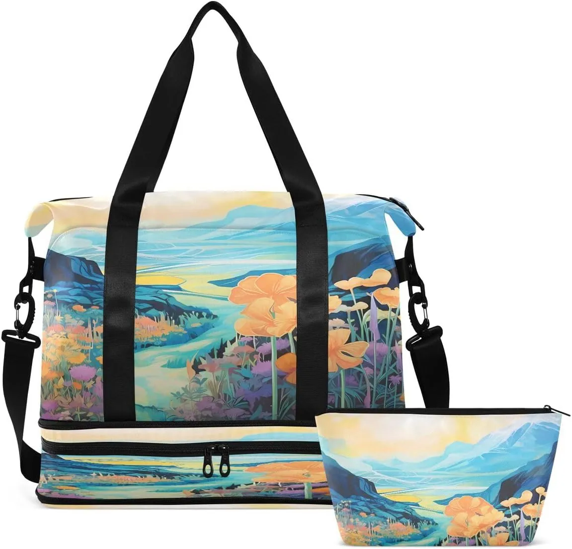 Gym Bag Sports Travel Duffel Bag Weekender Overnight Bag with Wet Pocket Shoes Compartment and Toiletry Bag Painting Mountain River and Flower for Travel, Business,Gym, Yoga