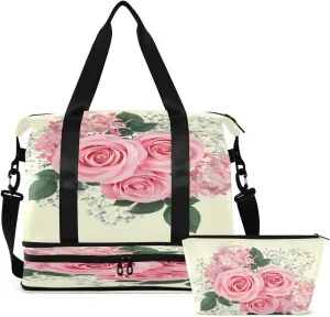 Gym Bag Sports Travel Duffel Bag Weekender Overnight Bag with Wet Pocket Shoes Compartment and Toiletry Bag Pink Rose Flowers & Hydrangea Floral for Travel, Business,Gym, Yoga
