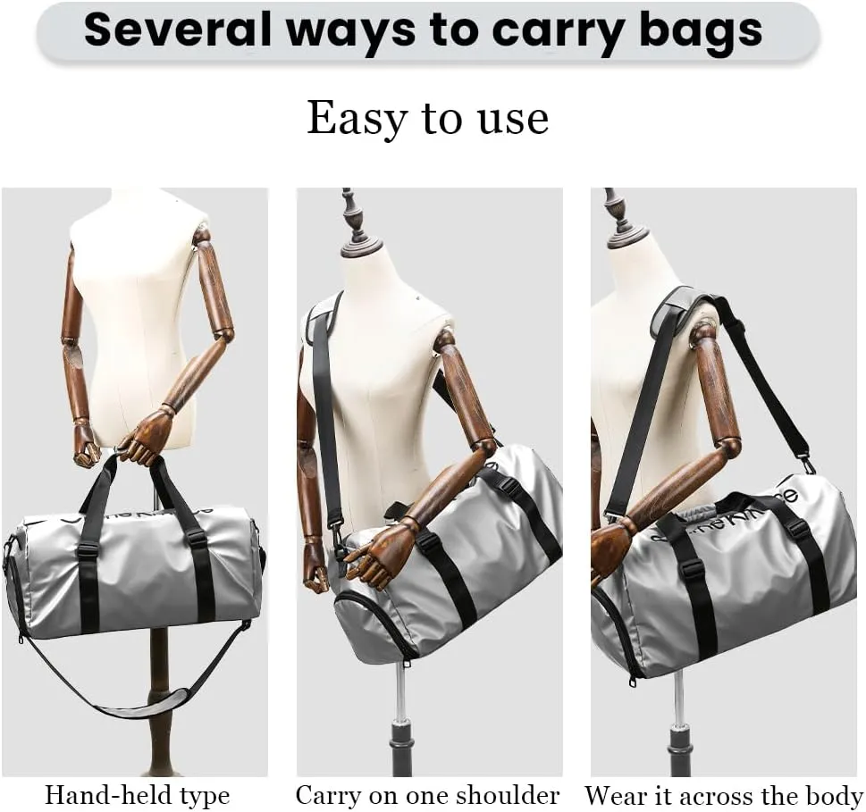 Gym Duffle Bag for Men Women with Shoe and Wet Compartment Sport Workout Waterproof Bags Large for Fitness Yoga Swimming Traveling Duffel, Silver, With Shoe and Wet Compartment
