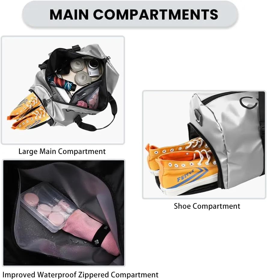 Gym Duffle Bag for Men Women with Shoe and Wet Compartment Sport Workout Waterproof Bags Large for Fitness Yoga Swimming Traveling Duffel, Silver, With Shoe and Wet Compartment