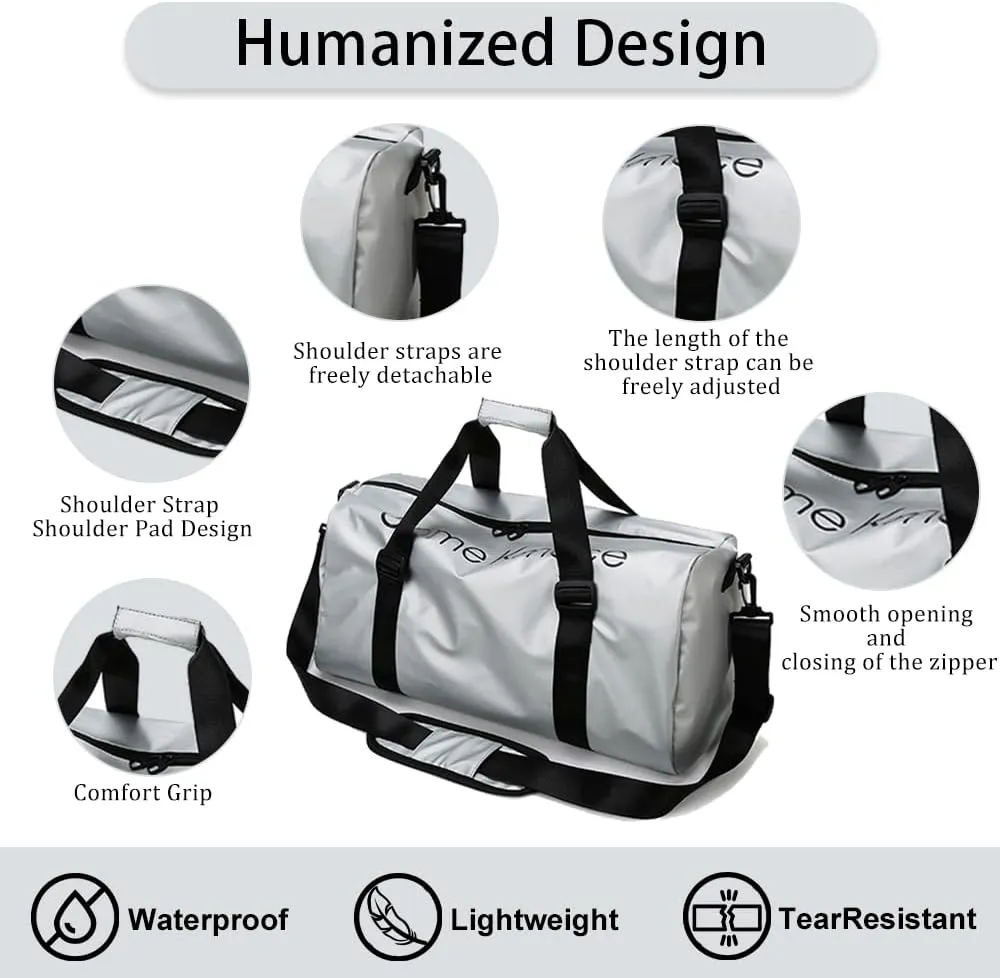 Gym Duffle Bag for Men Women with Shoe and Wet Compartment Sport Workout Waterproof Bags Large for Fitness Yoga Swimming Traveling Duffel, Silver, With Shoe and Wet Compartment