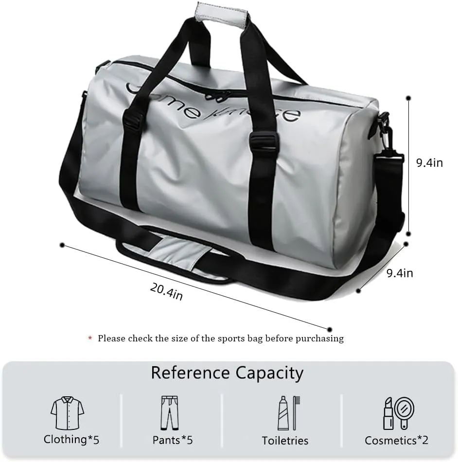 Gym Duffle Bag for Men Women with Shoe and Wet Compartment Sport Workout Waterproof Bags Large for Fitness Yoga Swimming Traveling Duffel, Silver, With Shoe and Wet Compartment