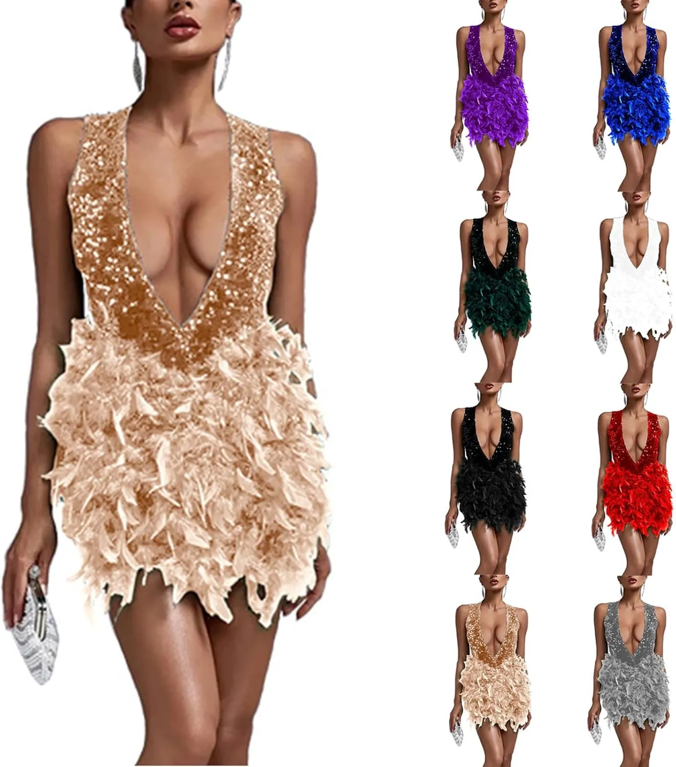 HGps8w Women's Feather Patchwork Glitter Sequin Party Evening Dress Sexy V Neck Mini Bodycon Cocktail Homecomming Dresses