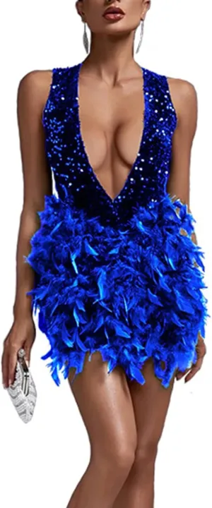 HGps8w Women's Feather Patchwork Glitter Sequin Party Evening Dress Sexy V Neck Mini Bodycon Cocktail Homecomming Dresses