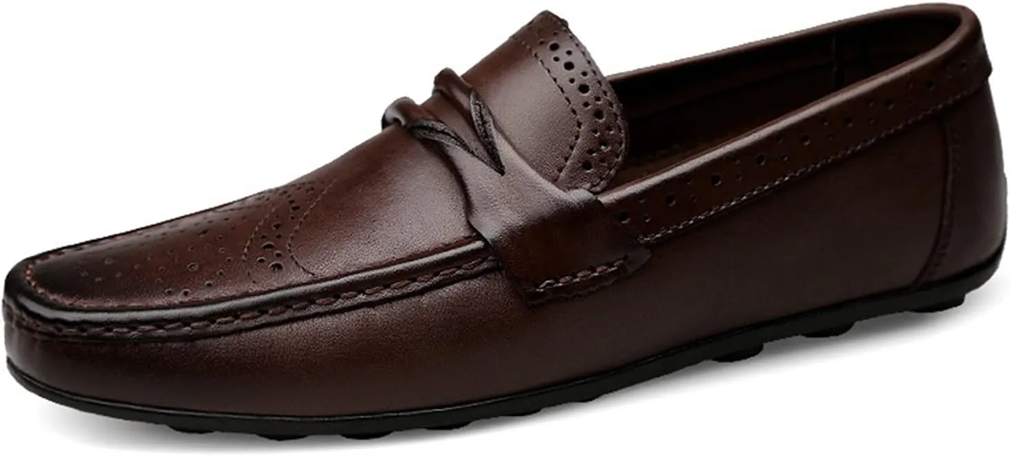 HOOENG Driving Moccasins for Men Brogue Wing Tip Genuine Leather Round Toe Flat Heel Comfortable Flexible Casual Slip on