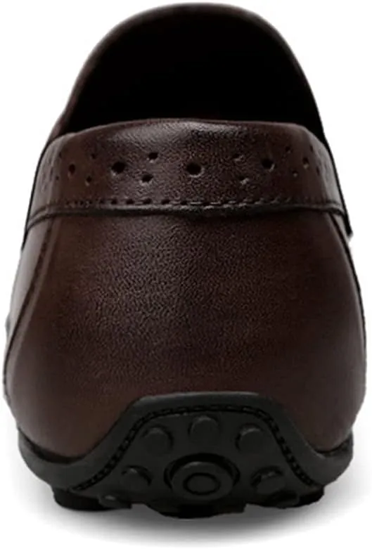 HOOENG Driving Moccasins for Men Brogue Wing Tip Genuine Leather Round Toe Flat Heel Comfortable Flexible Casual Slip on