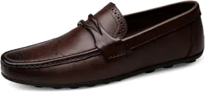 HOOENG Driving Moccasins for Men Brogue Wing Tip Genuine Leather Round Toe Flat Heel Comfortable Flexible Casual Slip on