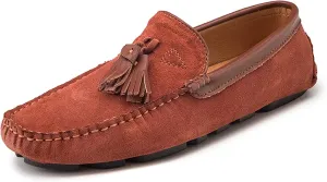HOOENG Driving Moccasins Smoking Loafer for Men Tassel Genuine Leather Suede Vamp Round Toe Stitching Details Resistant Flexible Soft Comfortable Flat Heel (Color : Brown, Size : 8)