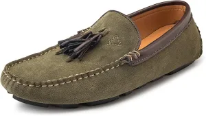 HOOENG Driving Moccasins Smoking Loafer for Men Tassel Genuine Leather Suede Vamp Round Toe Stitching Details Resistant Flexible Soft Comfortable Flat Heel (Color : Dark Green, Size : 10.5)