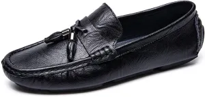 HOOENG Loafers Loafer Shoes Driving Moccasins for Men Tassel Genuine Leather Round Toe Stitching Details Flat Heel Resistant Soft Flexible Comfortable Walking (Color : Black, Size : 8)