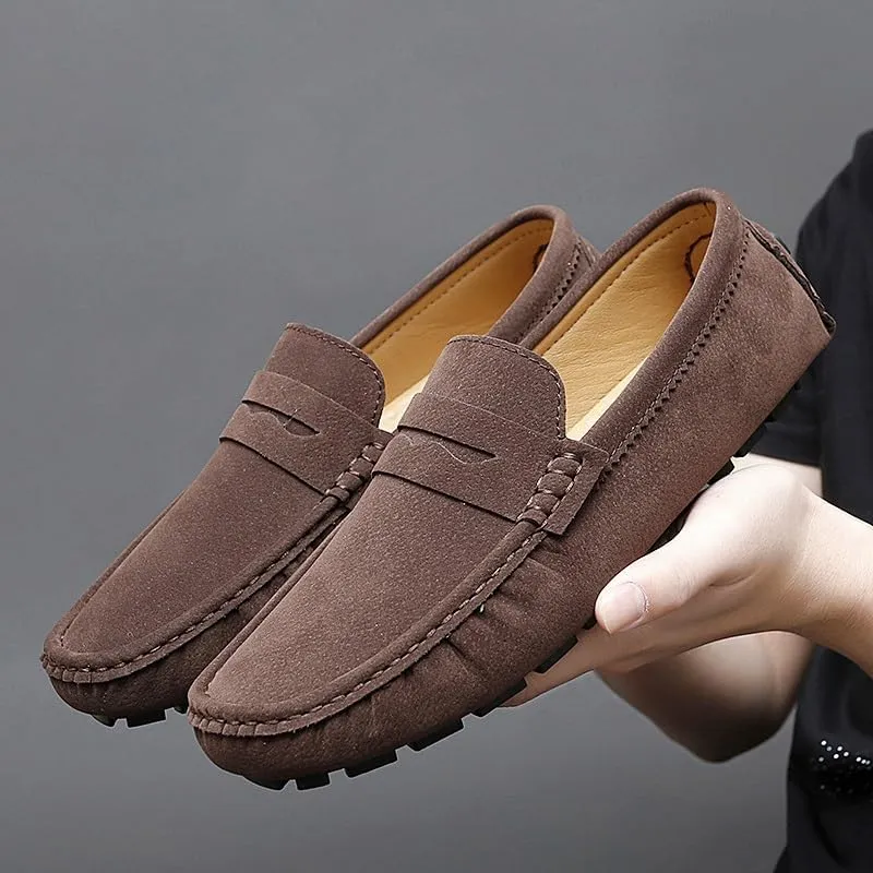 HOOENG Men's Loafers Solid Color Round Toe Suede Vamp Penny Driving Loafers Flat Heel Flexible Comfortable Wedding Slip-ons