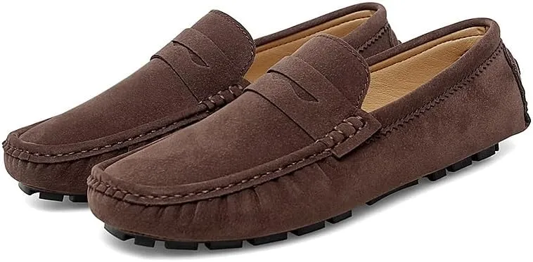 HOOENG Men's Loafers Solid Color Round Toe Suede Vamp Penny Driving Loafers Flat Heel Flexible Comfortable Wedding Slip-ons
