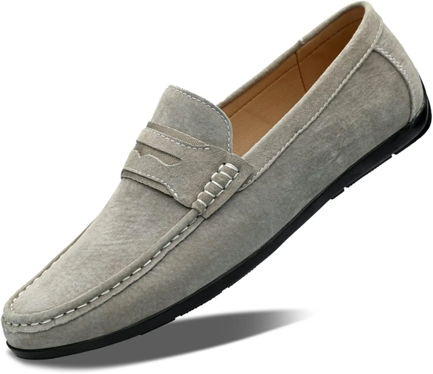 HOOENG Smoking Loafer Driving Moccasins for Men Genuine Leather Penny Loafer Suede Vamp Stitching Details Round Toe Resistant Anti-Slip Lightweight Flexible
