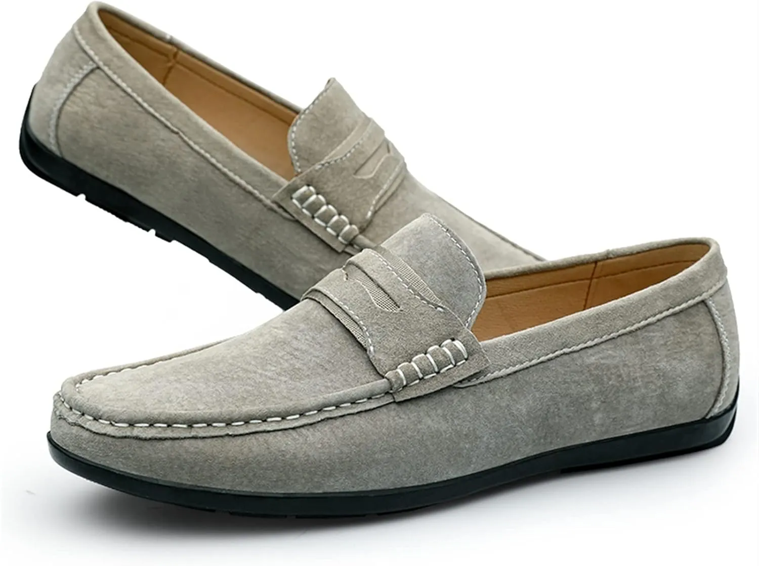 HOOENG Smoking Loafer Driving Moccasins for Men Genuine Leather Penny Loafer Suede Vamp Stitching Details Round Toe Resistant Anti-Slip Lightweight Flexible