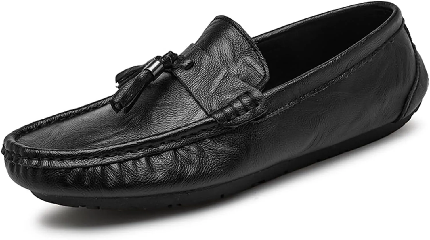 HOOENG Smoking Loafer Driving Moccasins for Men Genuine Leather Stitching Details Round Toe Tassel Resistant Flat Heel Flexible Lightweight Anti-Slip (Color : Black, Size : 10)