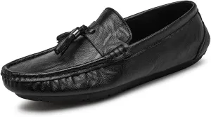 HOOENG Smoking Loafer Driving Moccasins for Men Genuine Leather Stitching Details Round Toe Tassel Resistant Flat Heel Flexible Lightweight Anti-Slip (Color : Black, Size : 10)
