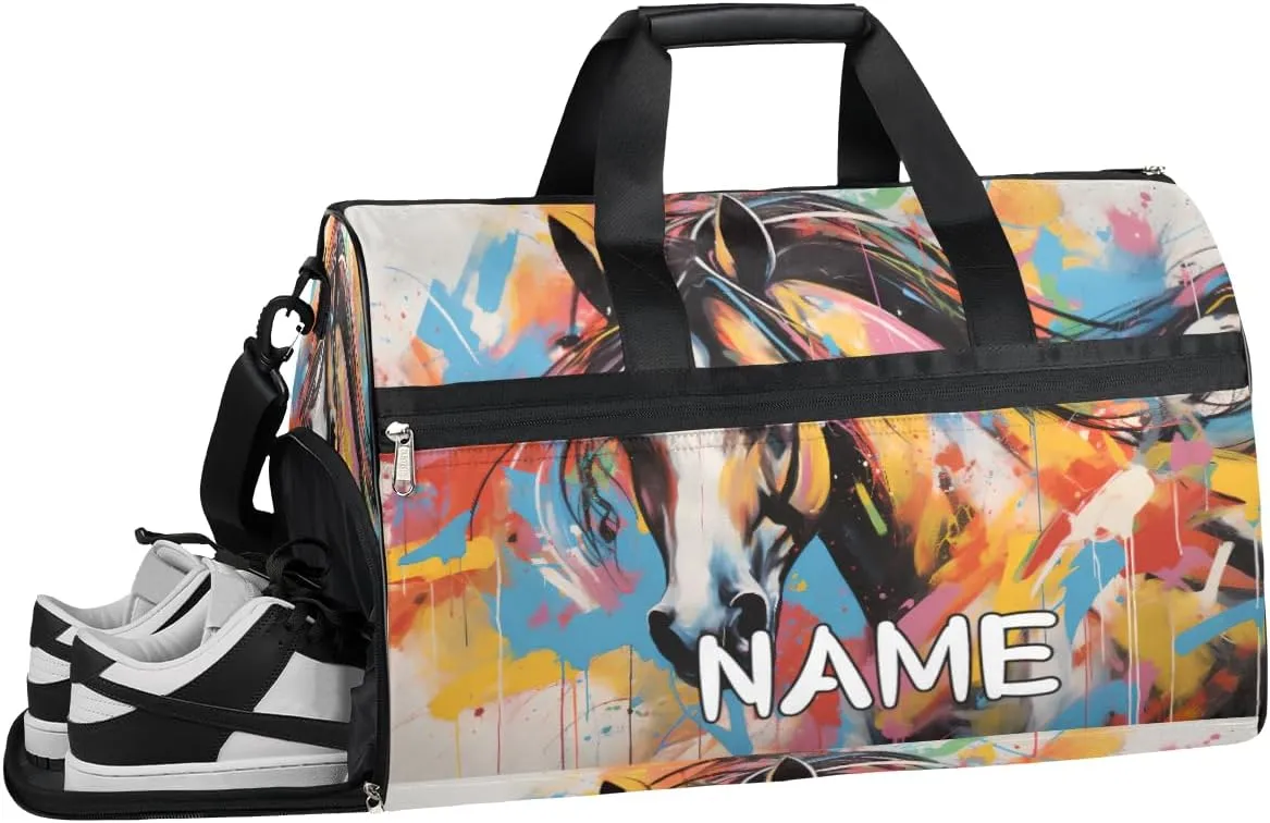 Horse Animal Graffiti Sports Gym Bag with Wet Pocket & Shoes Compartment Travel Duffel Bag for Women Men Custom Sports Gym Bag Personalized Overnight Stay Weekend Tote Beach Luggage