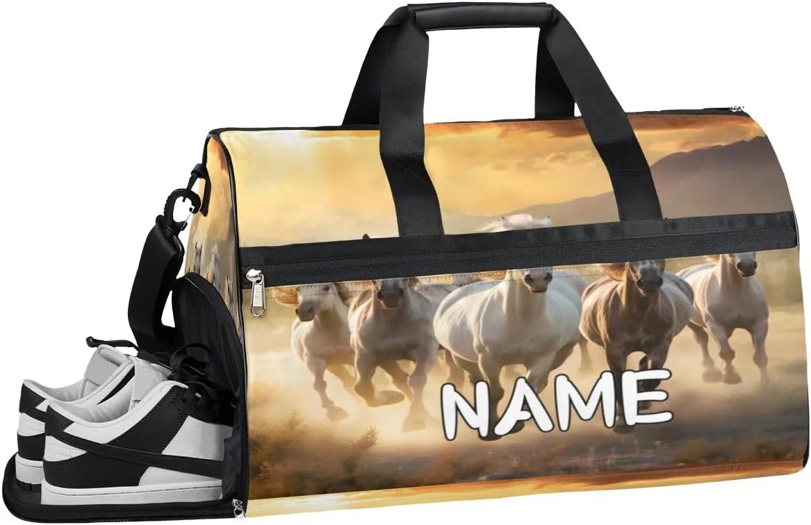 Horse Sunset Print Sports Gym Bag with Wet Pocket & Shoes Compartment Travel Duffel Bag for Women Men Custom Sports Gym Bag Personalized Overnight Stay Weekend Tote Beach Luggage