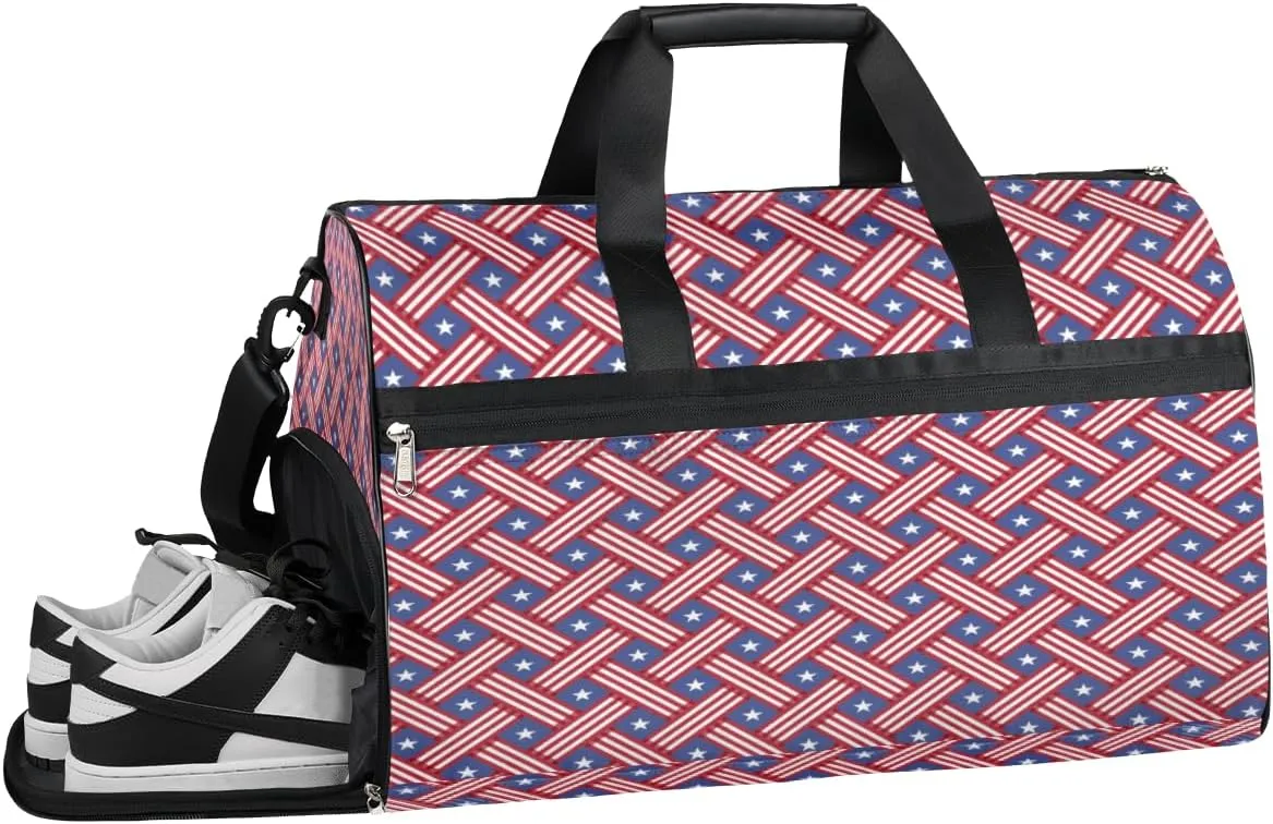 Independence Day 4th Of July Sports Gym Bag for Women and Men Travel Duffel Bag America Overnight Shoulder Bag Waterproof Workout Bag Portable Sports Tote with Shoes Compartment
