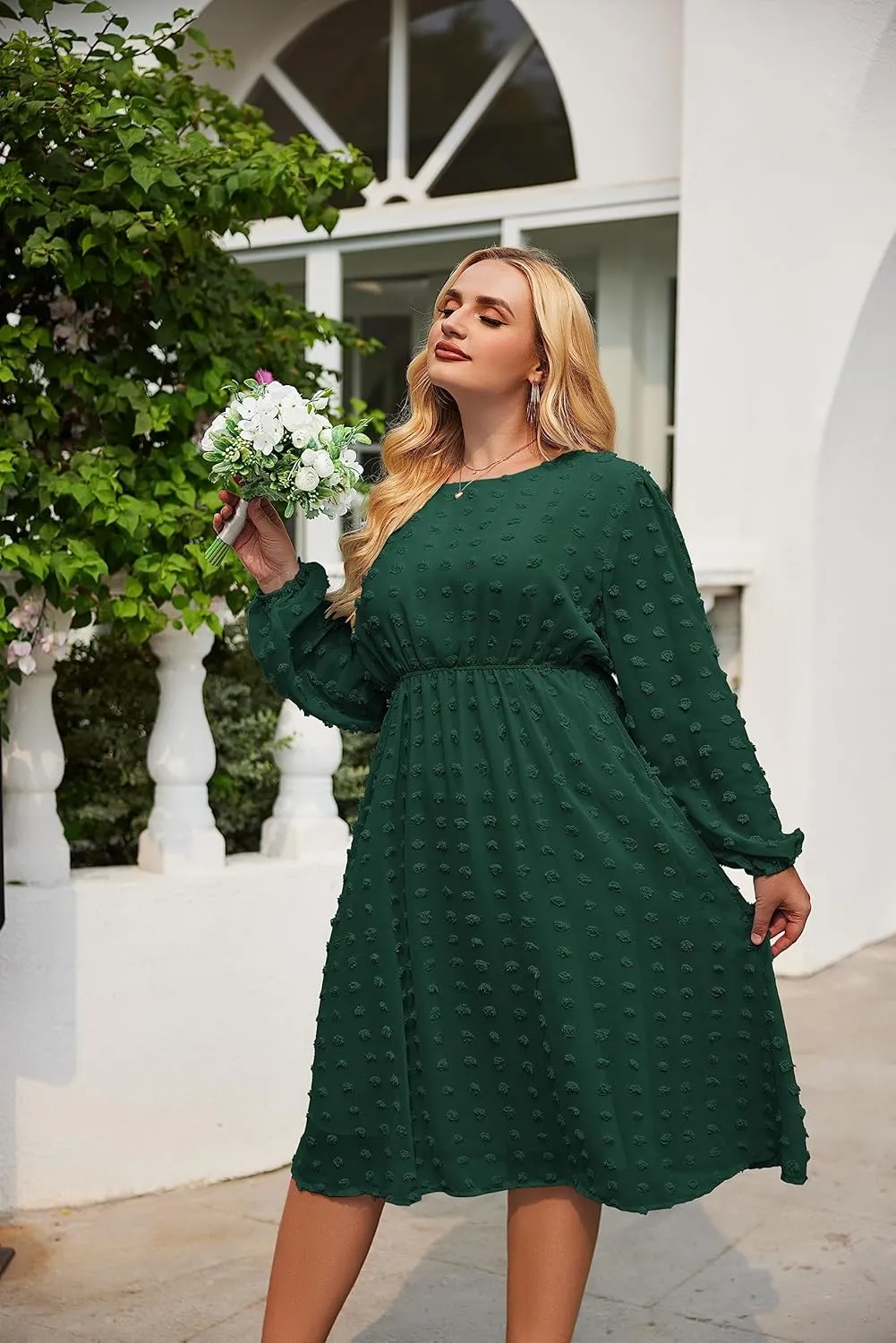 IN'VOLAND Women's Plus Size Swiss Dot Long Sleeve Chiffon Dress Flowy High Waist A Line Ruffle Babydoll Midi Dresses 16W-24W