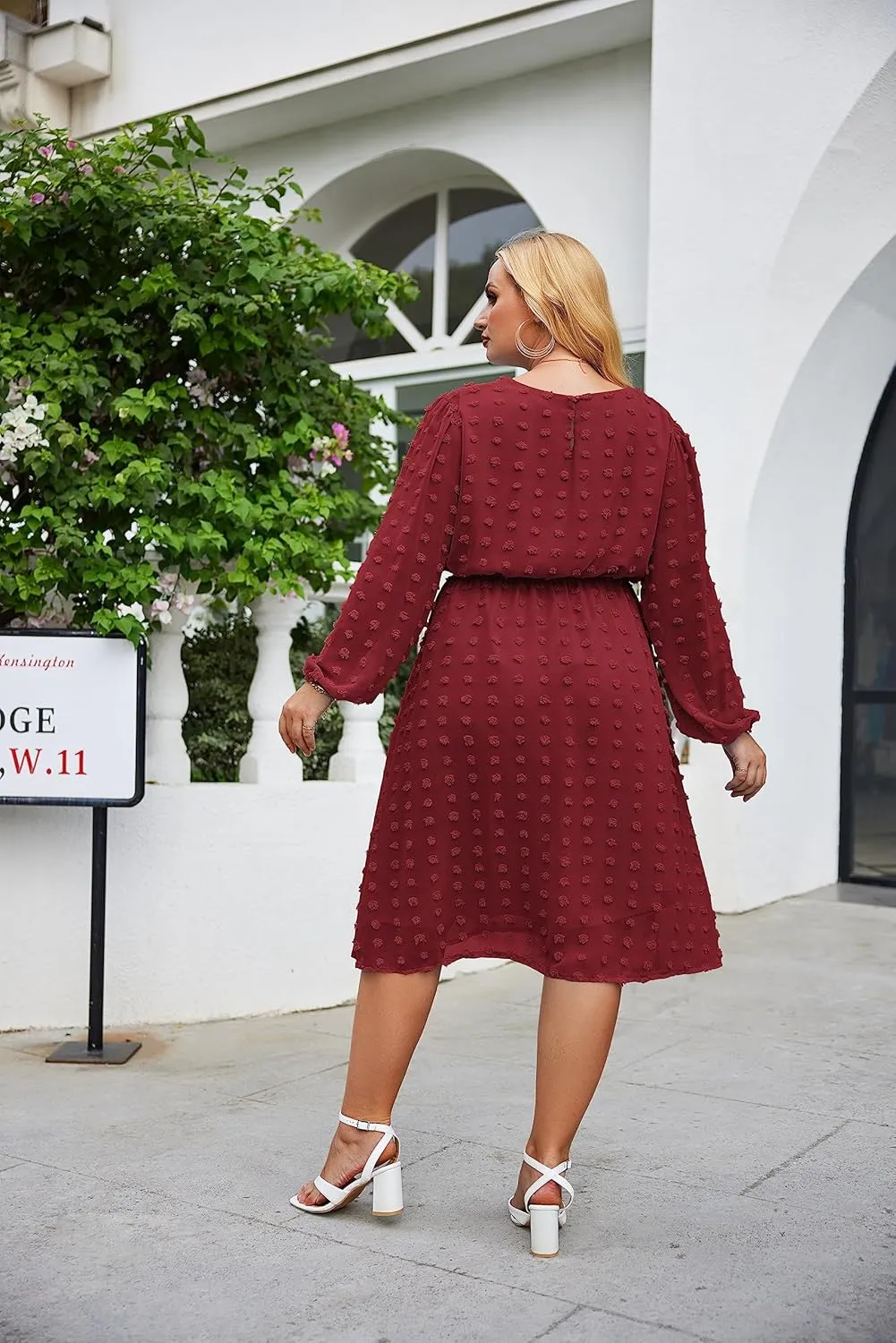 IN'VOLAND Women's Plus Size Swiss Dot Long Sleeve Chiffon Dress Flowy High Waist A Line Ruffle Babydoll Midi Dresses 16W-24W