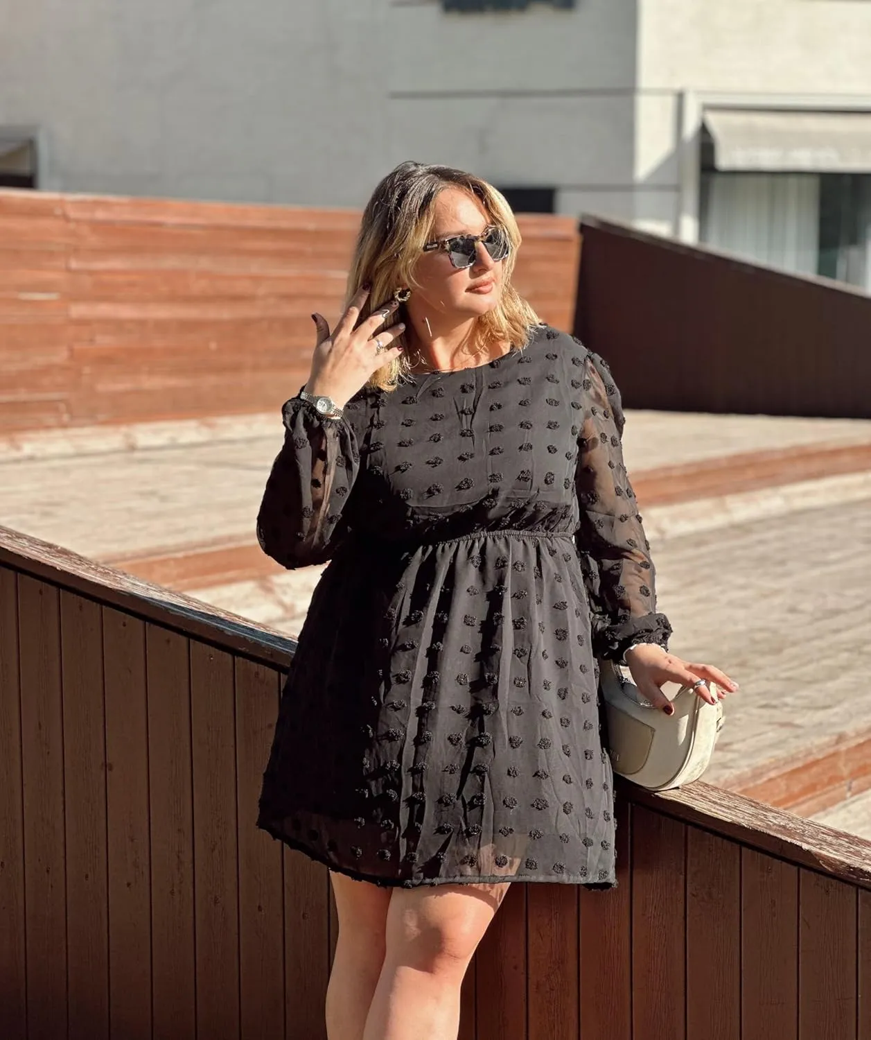 IN'VOLAND Women's Plus Size Swiss Dot Long Sleeve Chiffon Dress Flowy High Waist A Line Ruffle Babydoll Midi Dresses 16W-24W