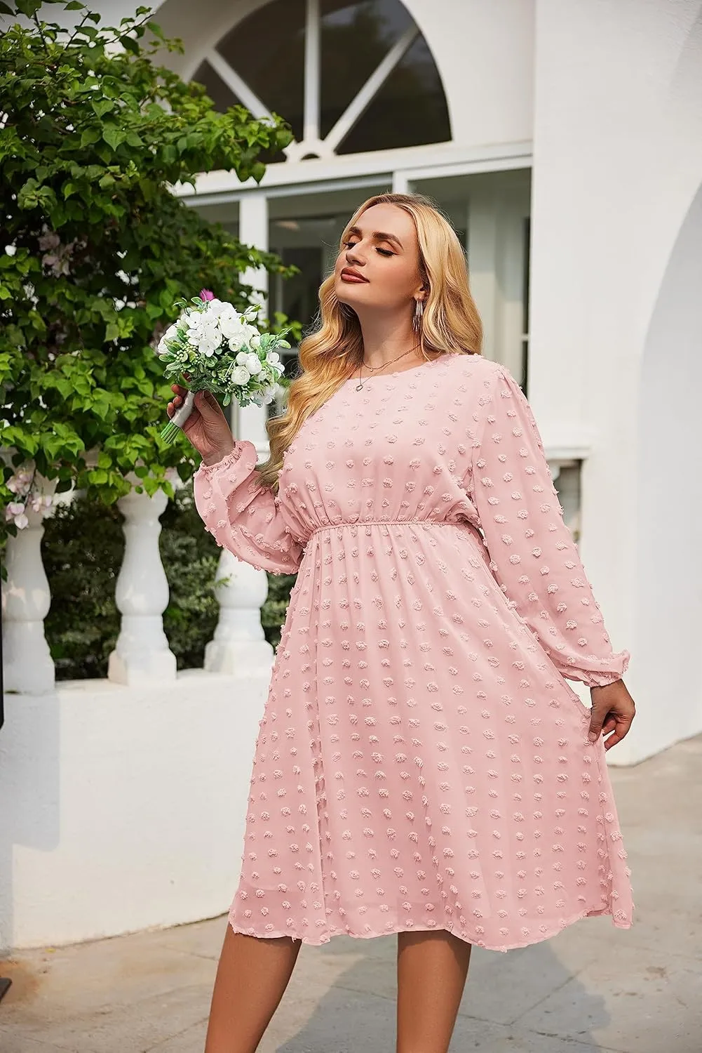 IN'VOLAND Women's Plus Size Swiss Dot Long Sleeve Chiffon Dress Flowy High Waist A Line Ruffle Babydoll Midi Dresses 16W-24W