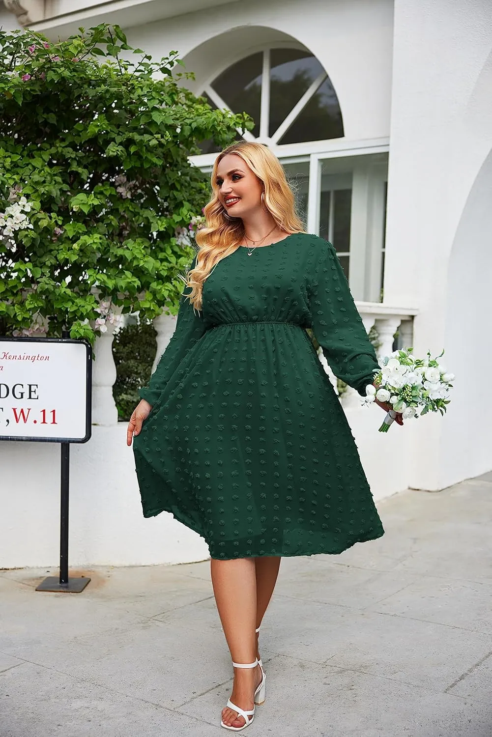 IN'VOLAND Women's Plus Size Swiss Dot Long Sleeve Chiffon Dress Flowy High Waist A Line Ruffle Babydoll Midi Dresses 16W-24W